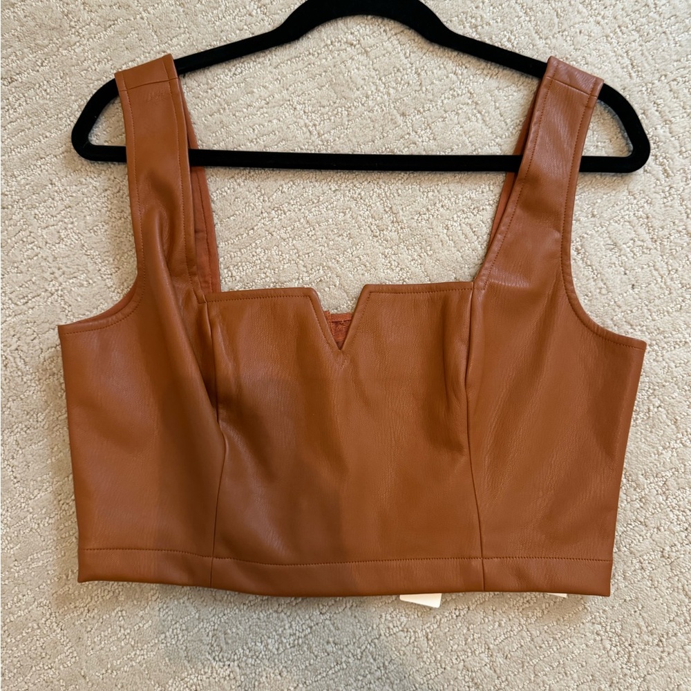 Maeve Faux Leather Cropped Tank in Cognac Brown